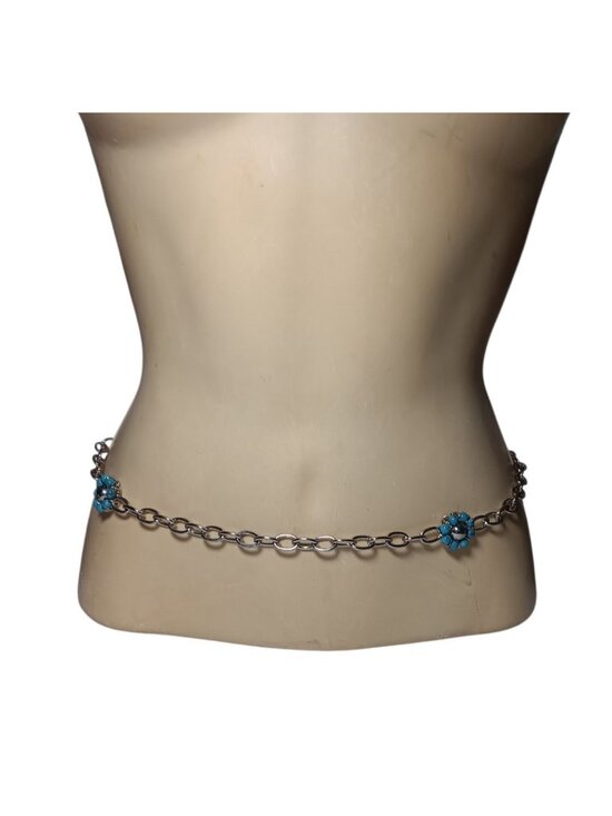 Belt with Glass Station Imitation Turquoise Flowers Silver-Tone Oval Chain main image 10